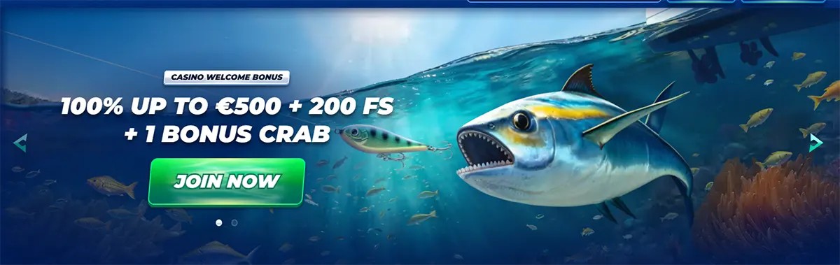 Casino welcome bonus banner offering 100% up to €500 plus 200 free spins and one Bonus Crab, featuring an underwater scene with a large predatory fish chasing a lure and a green “Join now” call-to-action button.