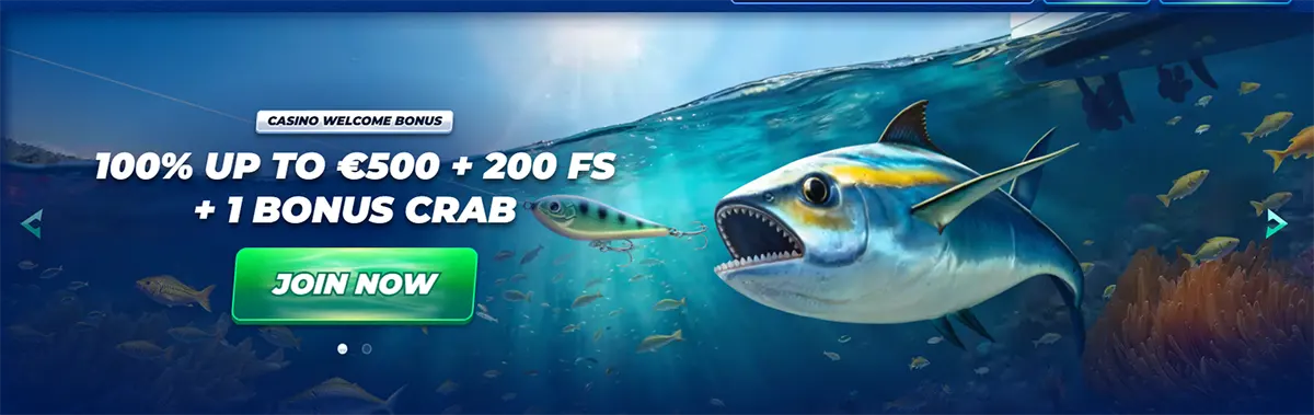 Casino welcome bonus banner offering 100% up to €500 plus 200 free spins and one Bonus Crab, featuring an underwater scene with a large predatory fish chasing a lure and a green “Join now” call-to-action button.