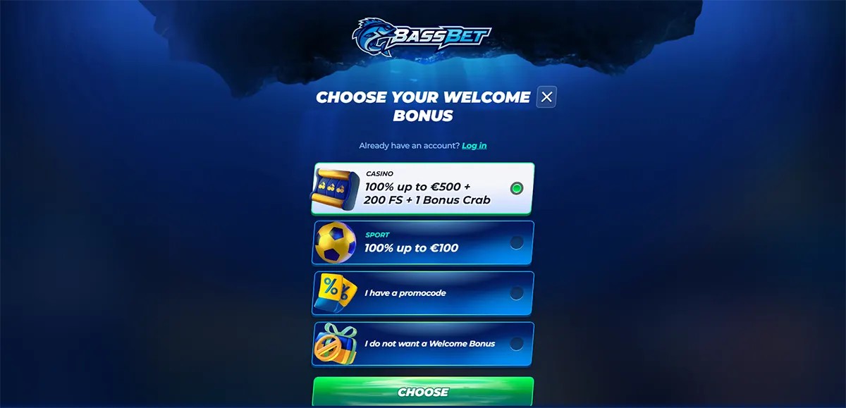 BassBet welcome bonus selection screen allowing players to choose a casino bonus of 100% up to €500 plus 200 free spins and one Bonus Crab, a sports bonus of 100% up to €100, enter a promo code, or opt out of a welcome bonus, with a green “Choose” button on a blue underwater-themed interface.