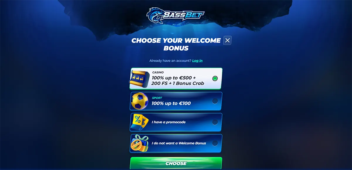 BassBet welcome bonus selection screen allowing players to choose a casino bonus of 100% up to €500 plus 200 free spins and one Bonus Crab, a sports bonus of 100% up to €100, enter a promo code, or opt out of a welcome bonus, with a green “Choose” button on a blue underwater-themed interface.